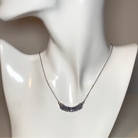 925 Silver Arc Pendant Necklace with Oval Grain Set Tanzanite Gemstones - Picture 7 of 16